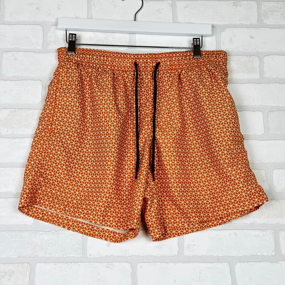 Mens Orange Geometric Honeycomb Cube Print Swim Trunks Elastic Waist Shorts M
